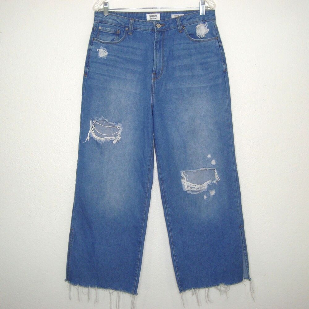 Kensie Jeans Womens 10/30 Blue High Rise Distressed Wide Leg Ankle Raw Hem Denim